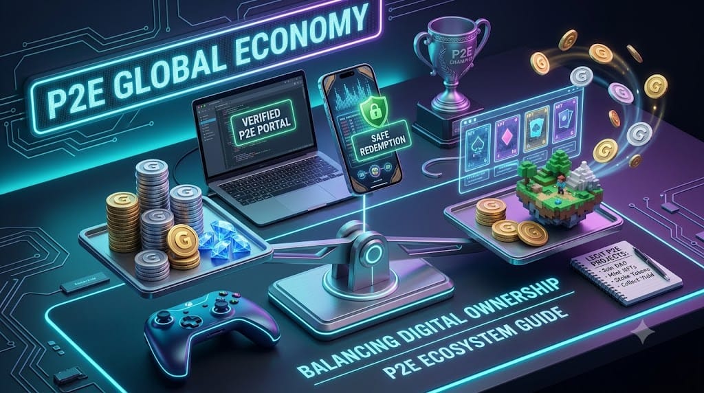 Excited gamer with PC and mobile earning Steam gift cards and Bitcoin through game reward programs.